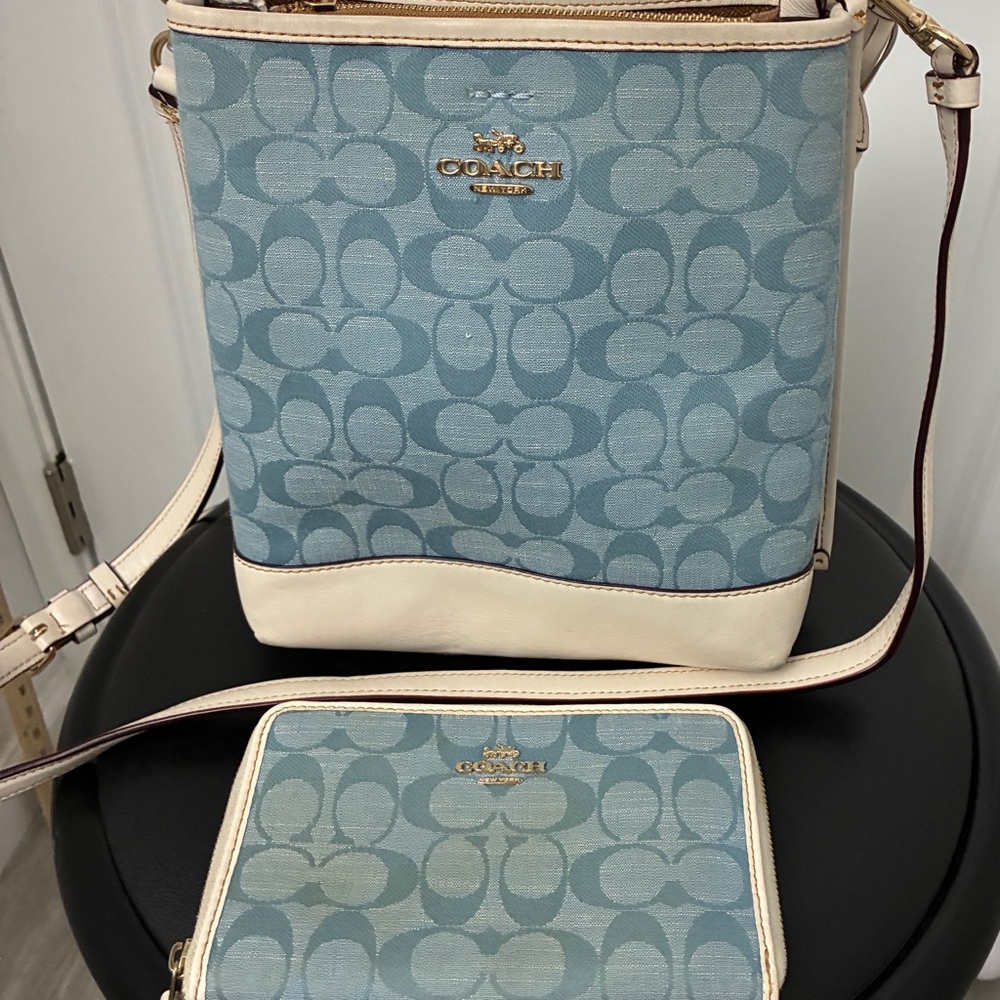 New Coach Morie bucket bag signature 2WAY light blue- preowned